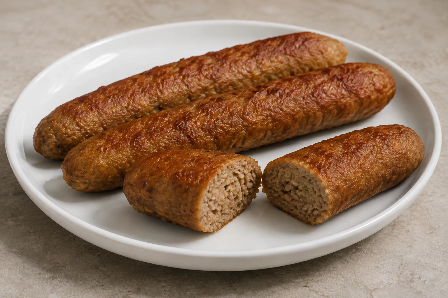 Browned cylindrical fried lola kebabs, with one cut open to show the fine meat-and-potato interior