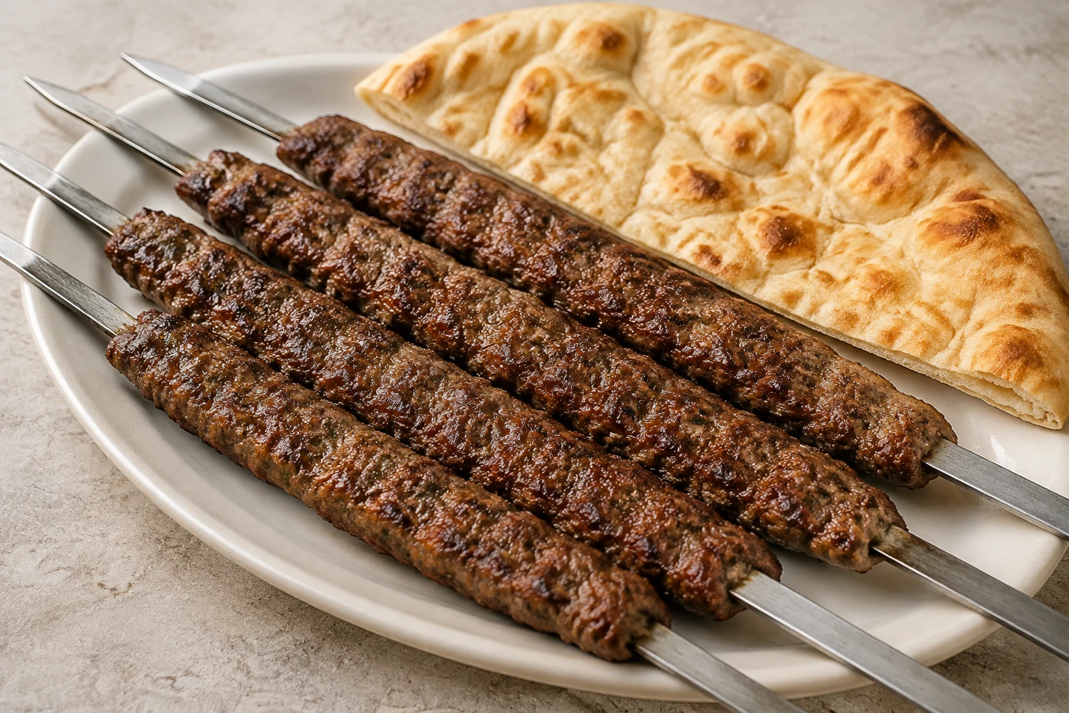 Flattened grilled minced-meat kebabs on flat metal skewers with bread alongside