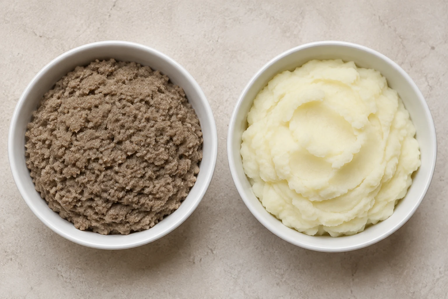 Separate bowls of finely ground cooked meat and plain mashed potato