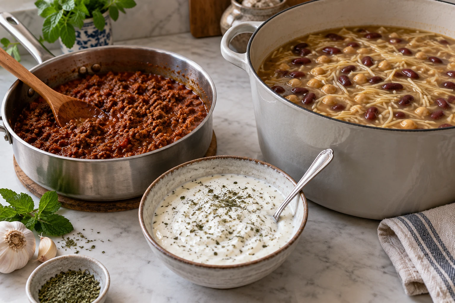 Separate pans of cooked meat sauce and noodle-bean broth beside a bowl of garlic yogurt.