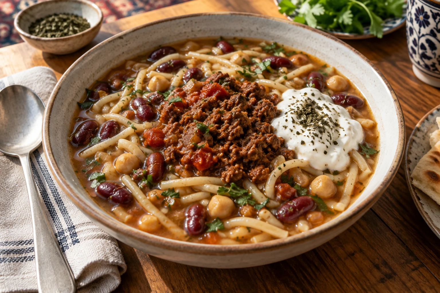 Afghan aush with short noodles, kidney beans and chickpeas topped with cooked meat sauce and garlic yogurt.