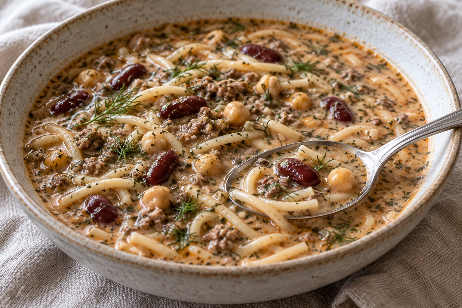 Aush after stirring, with short noodles, legumes and cooked meat in creamy reddish broth.