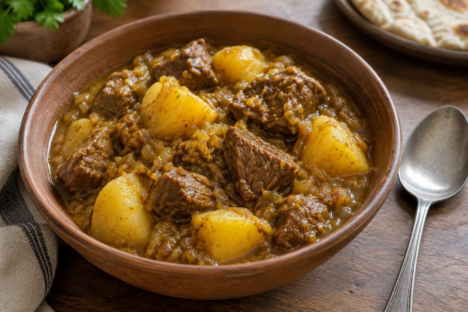 Beef and potato pieces in a thick golden brown onion gravy
