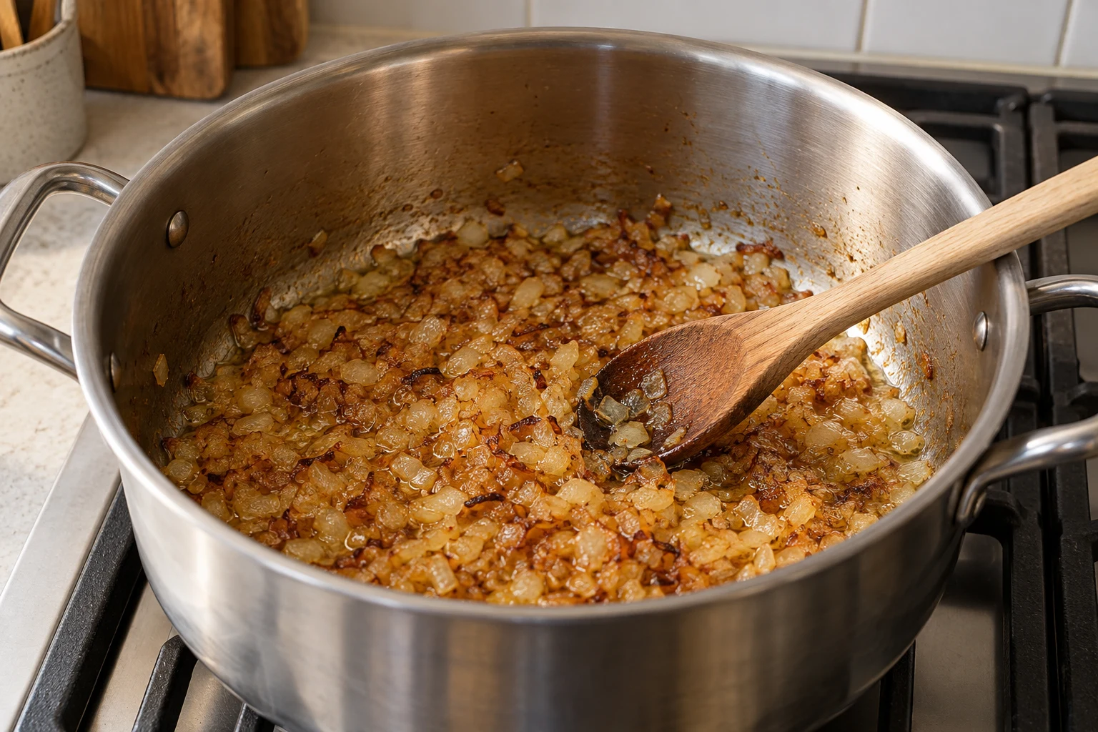 Finely chopped golden onions cooking in oil in a heavy pot