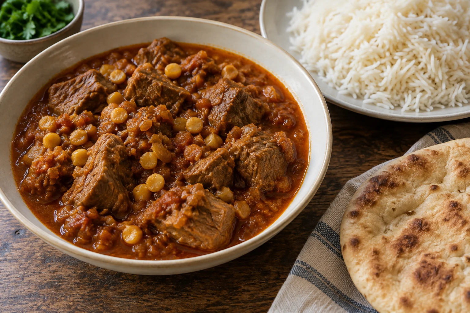 Lamb and split chickpea qorma in tomato onion sauce beside white rice and flatbread