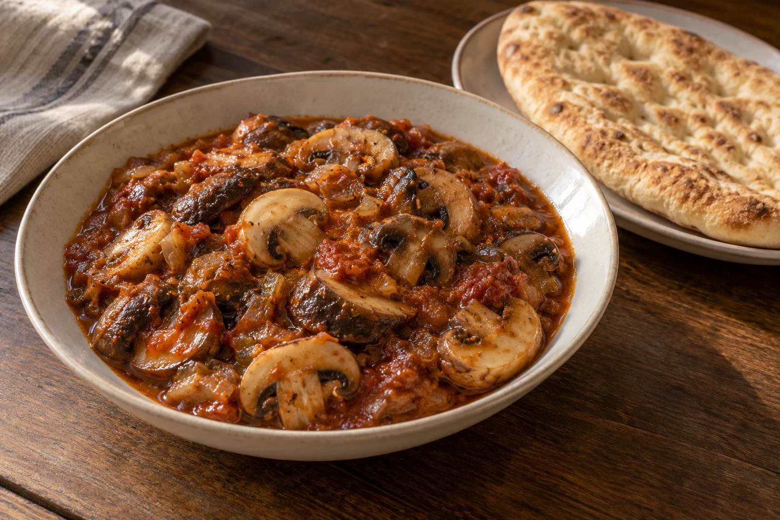Sliced mushrooms in tomato and onion sauce with naan beside the bowl