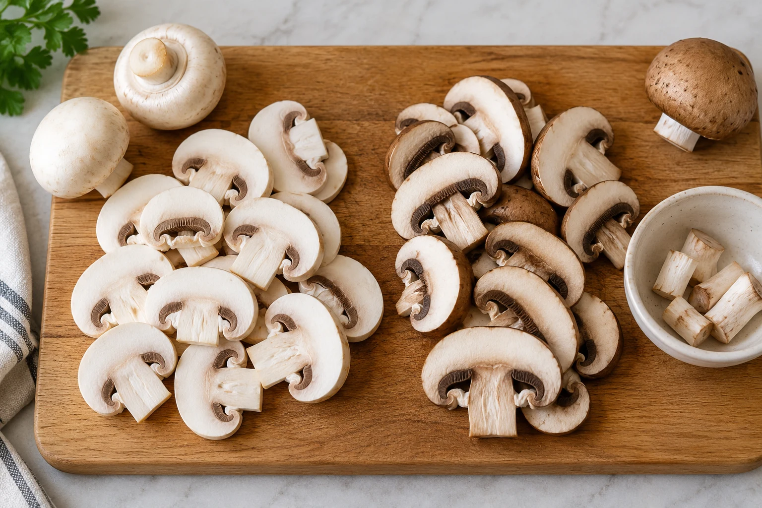 Even slices of cultivated white button and brown mushrooms on a board