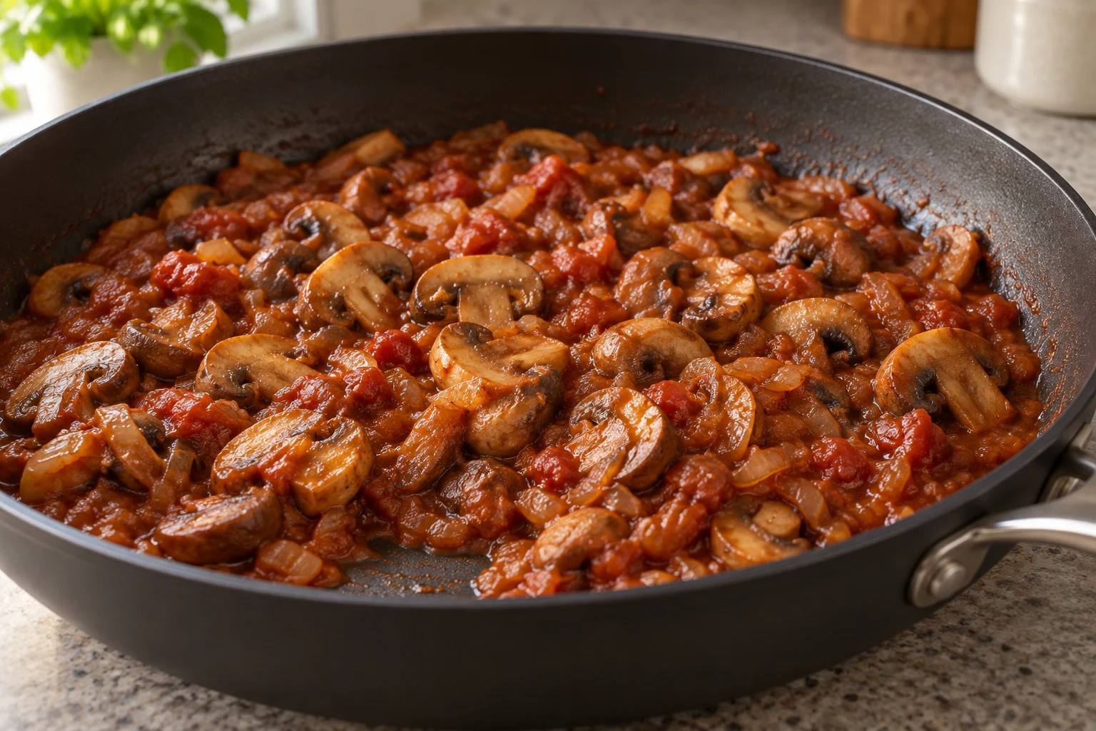 Cooked mushroom slices in reduced tomato and onion sauce in a pan