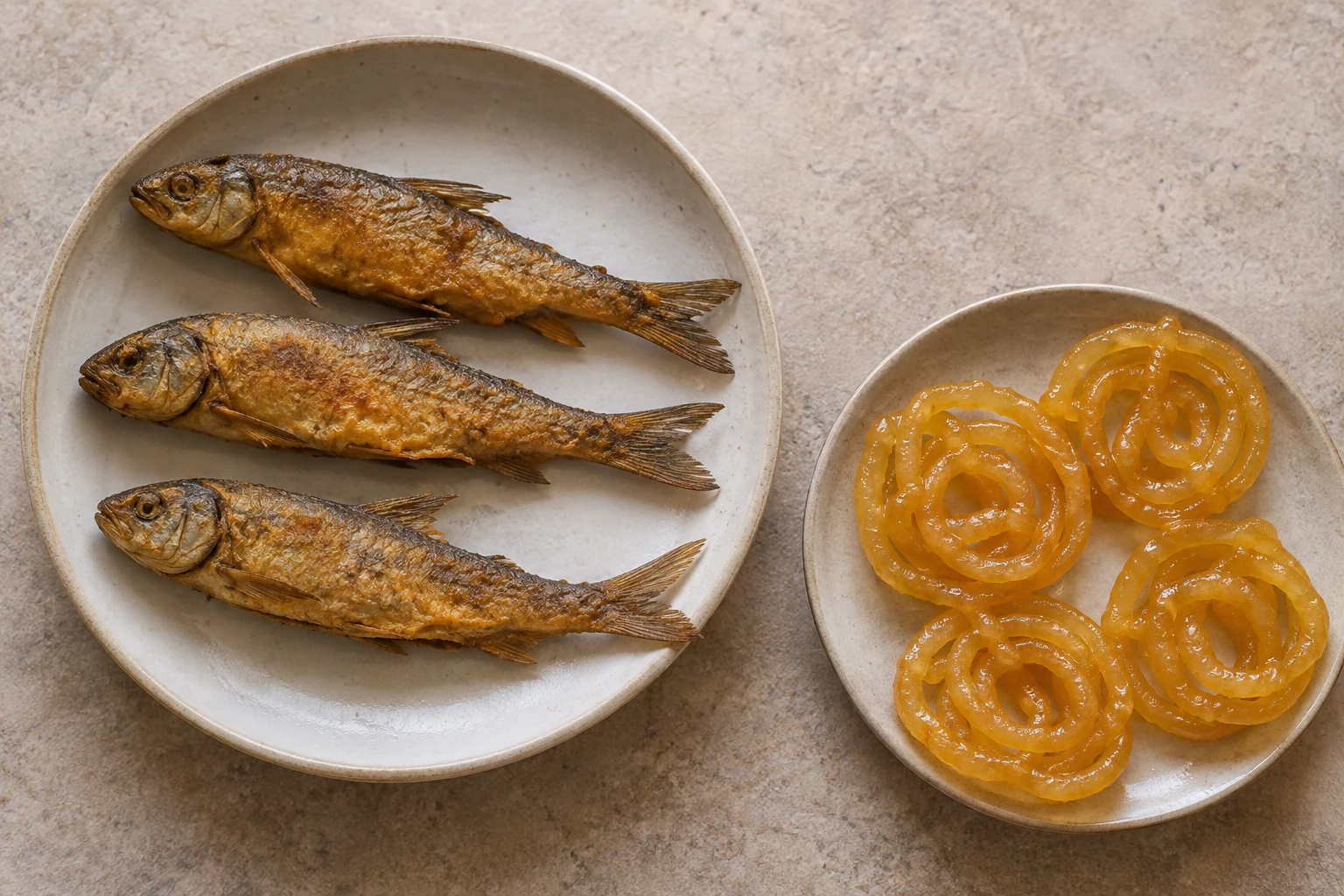 Three small whole fried fish on one plate beside golden jelabi on another