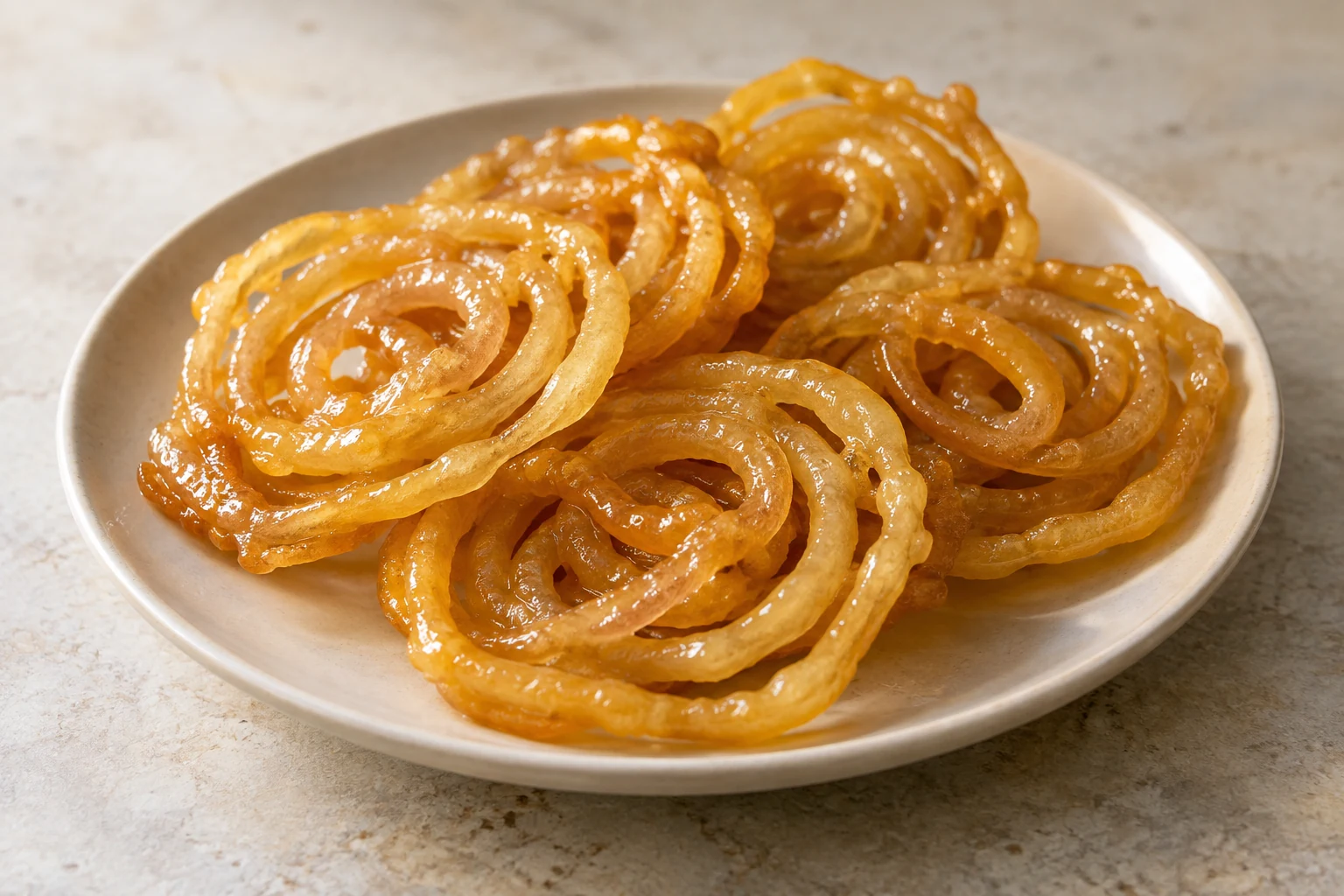 Golden syrup-coated jelabi coils stacked loosely on a cream plate