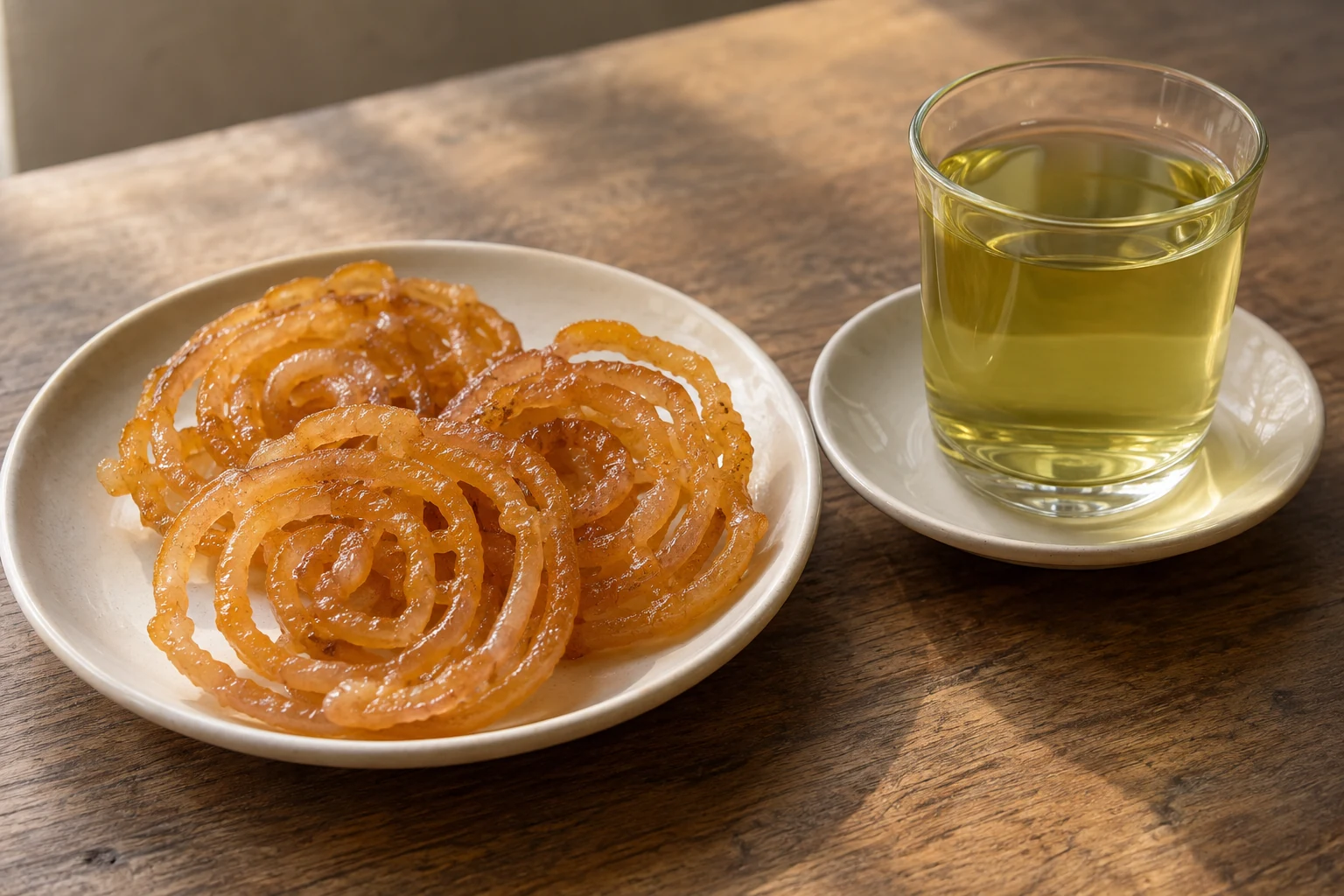 Three syrup-coated jelabi beside a clear glass of pale green tea