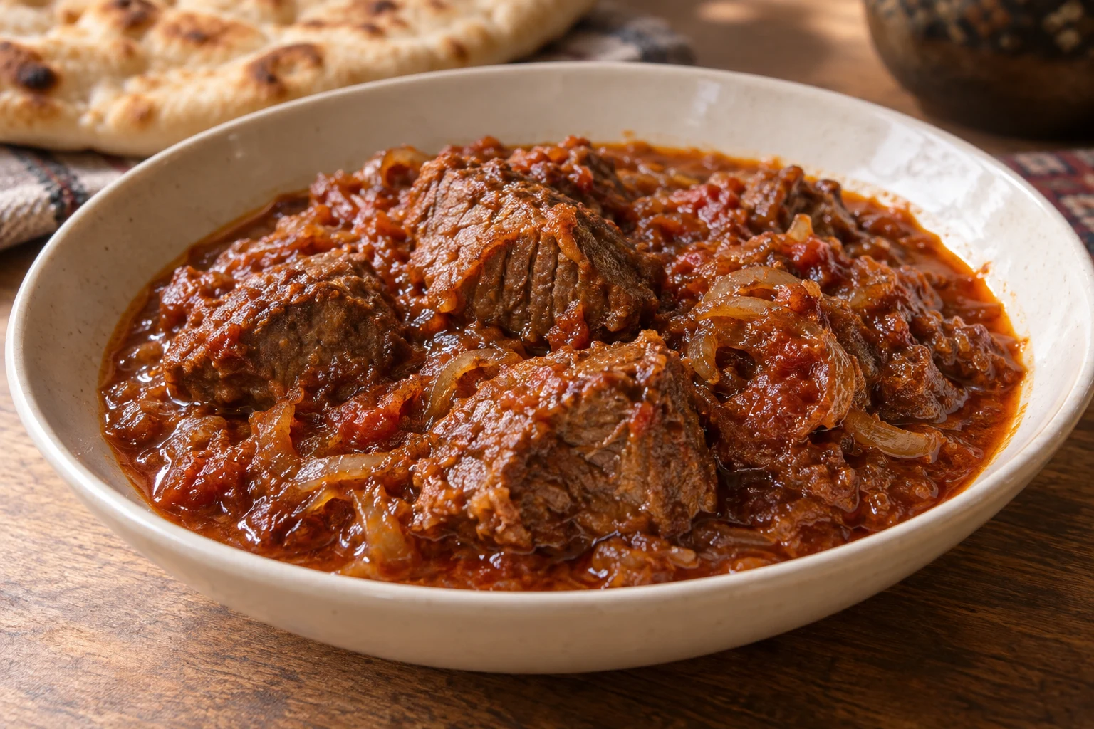 Tender beef pieces in a thick reddish onion and tomato qorma sauce in a shallow bowl