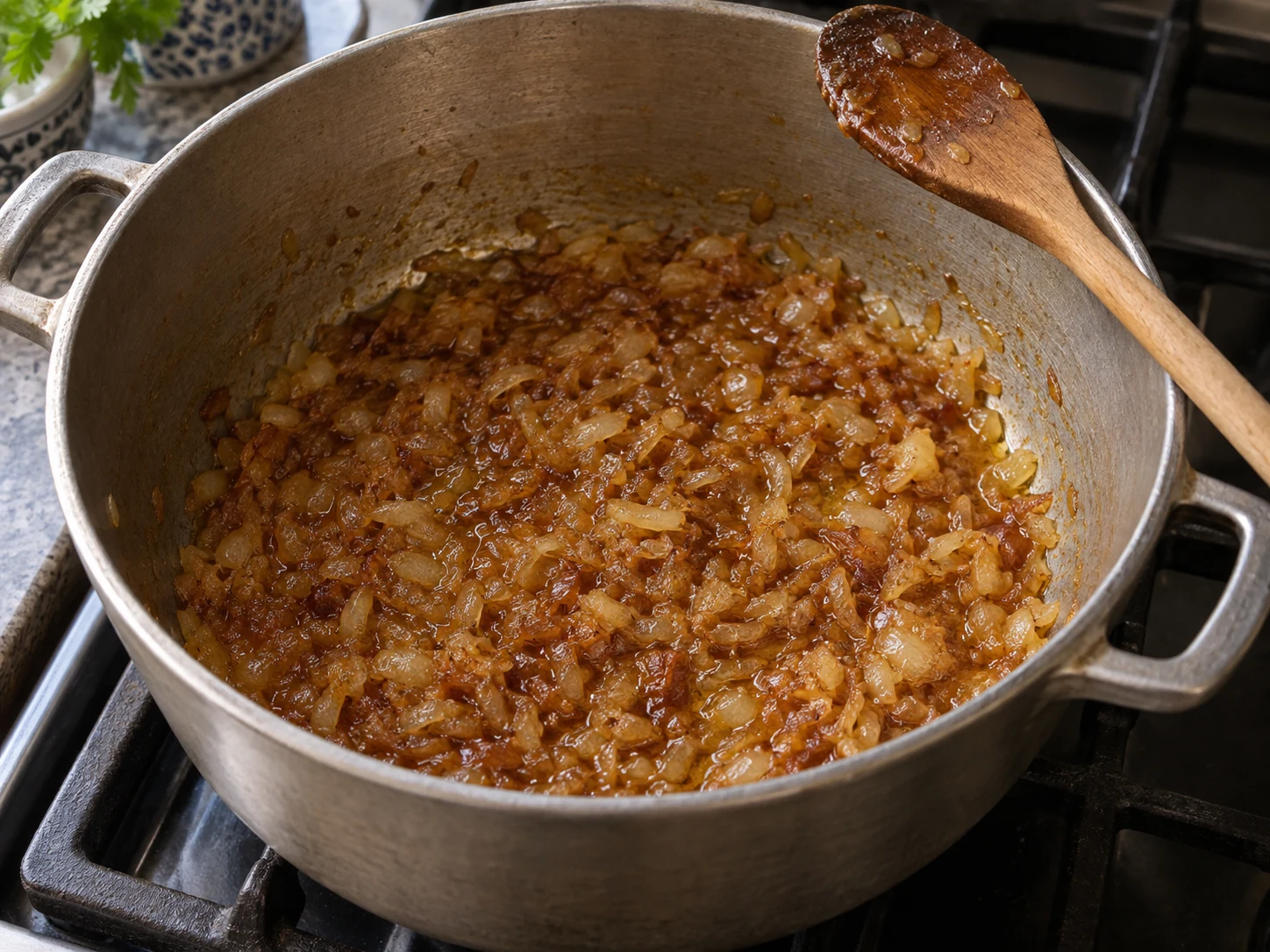 Soft golden-brown onions glistening in a cooking pot before meat is added