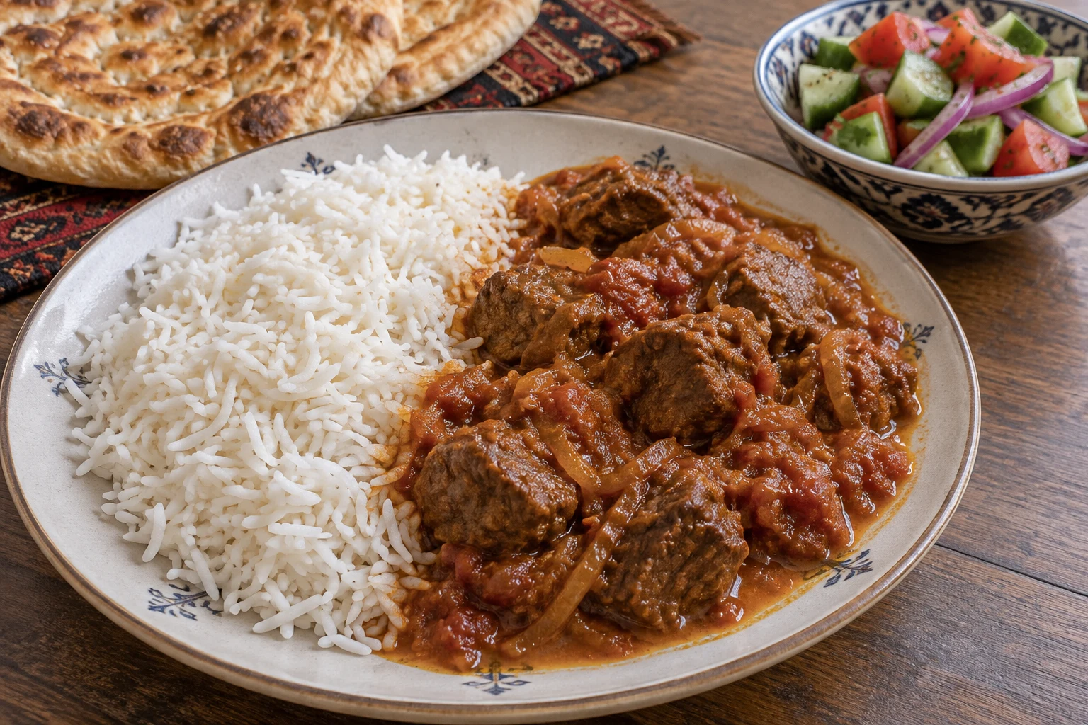 Beef qorma beside white long-grain rice with flatbread and a separate cucumber and tomato salad