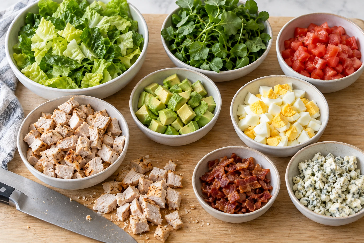 Bowls of chopped greens, cooked chicken, tomato, avocado, hard-boiled egg, bacon and blue cheese on a board.