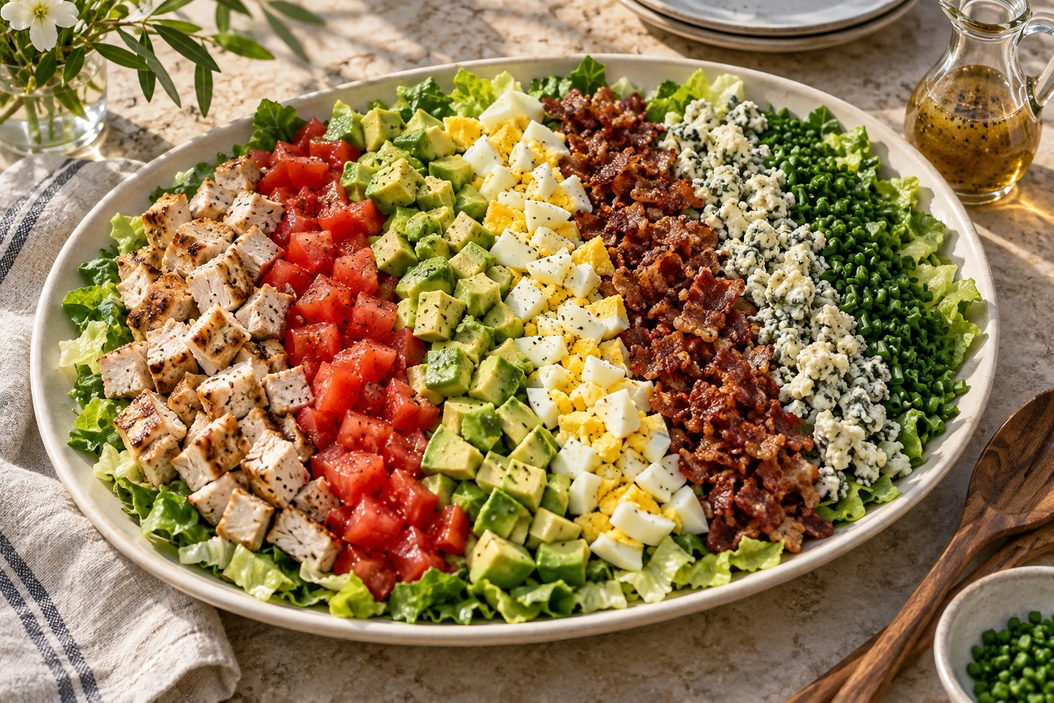 Cobb salad with rows of cooked chicken, tomato, avocado, egg, bacon and blue cheese over chopped lettuce.