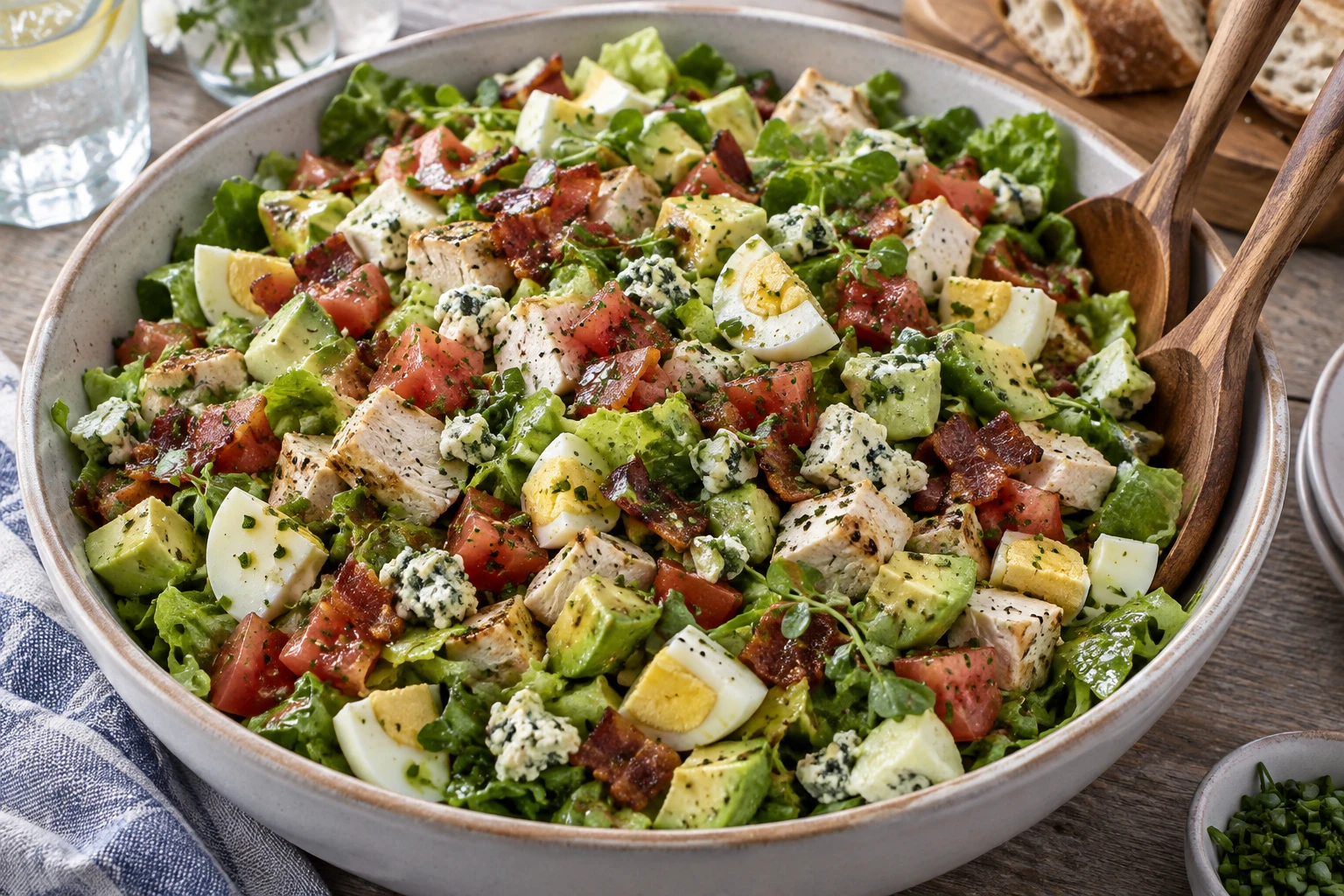 A bowl of tossed Cobb salad with cooked chicken, avocado, egg, tomato, bacon and blue cheese.