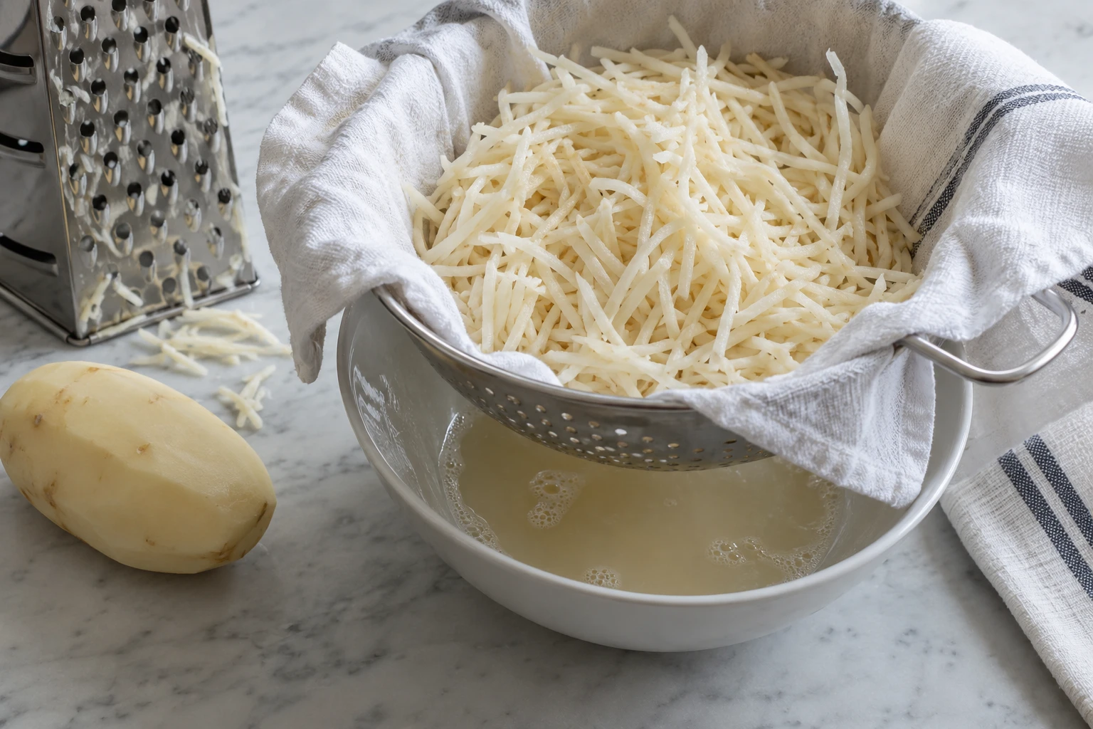 Raw grated potato in a white towel-lined colander above a bowl of cloudy liquid.