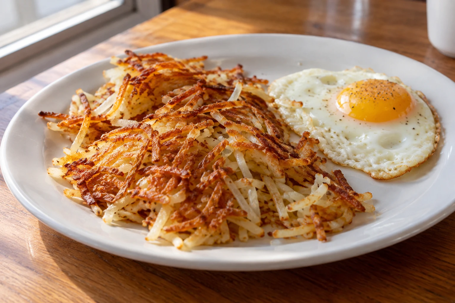 Loose portions of golden shredded potato hash browns beside a fried egg on a white plate.