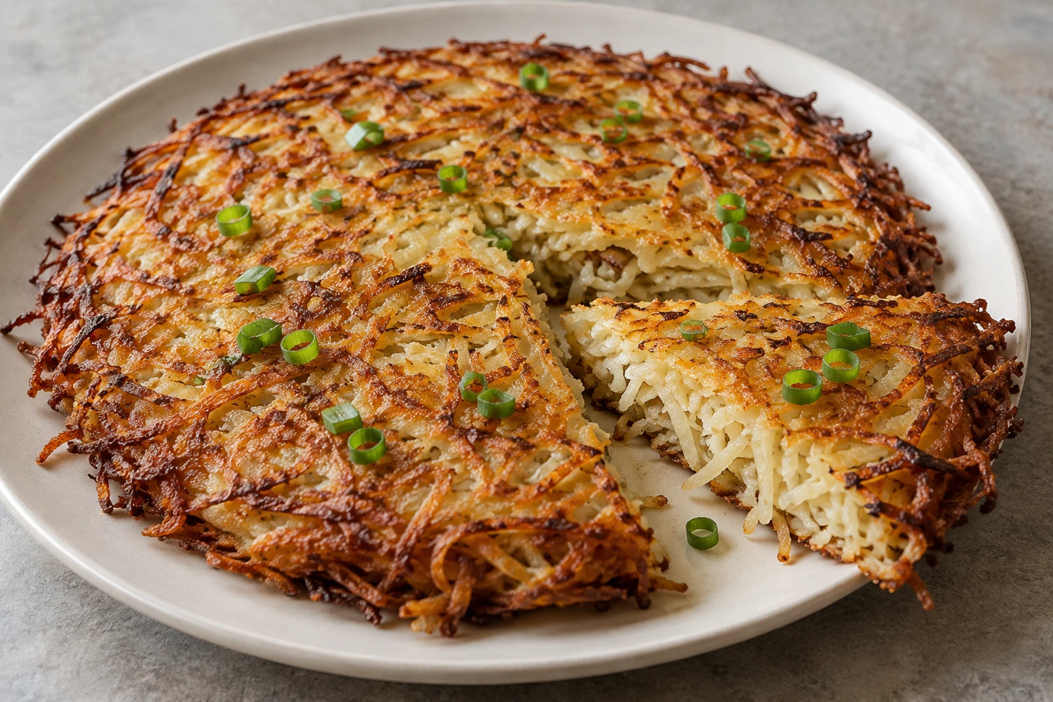 A round golden shredded potato cake topped with scallion, with one wedge moved aside.