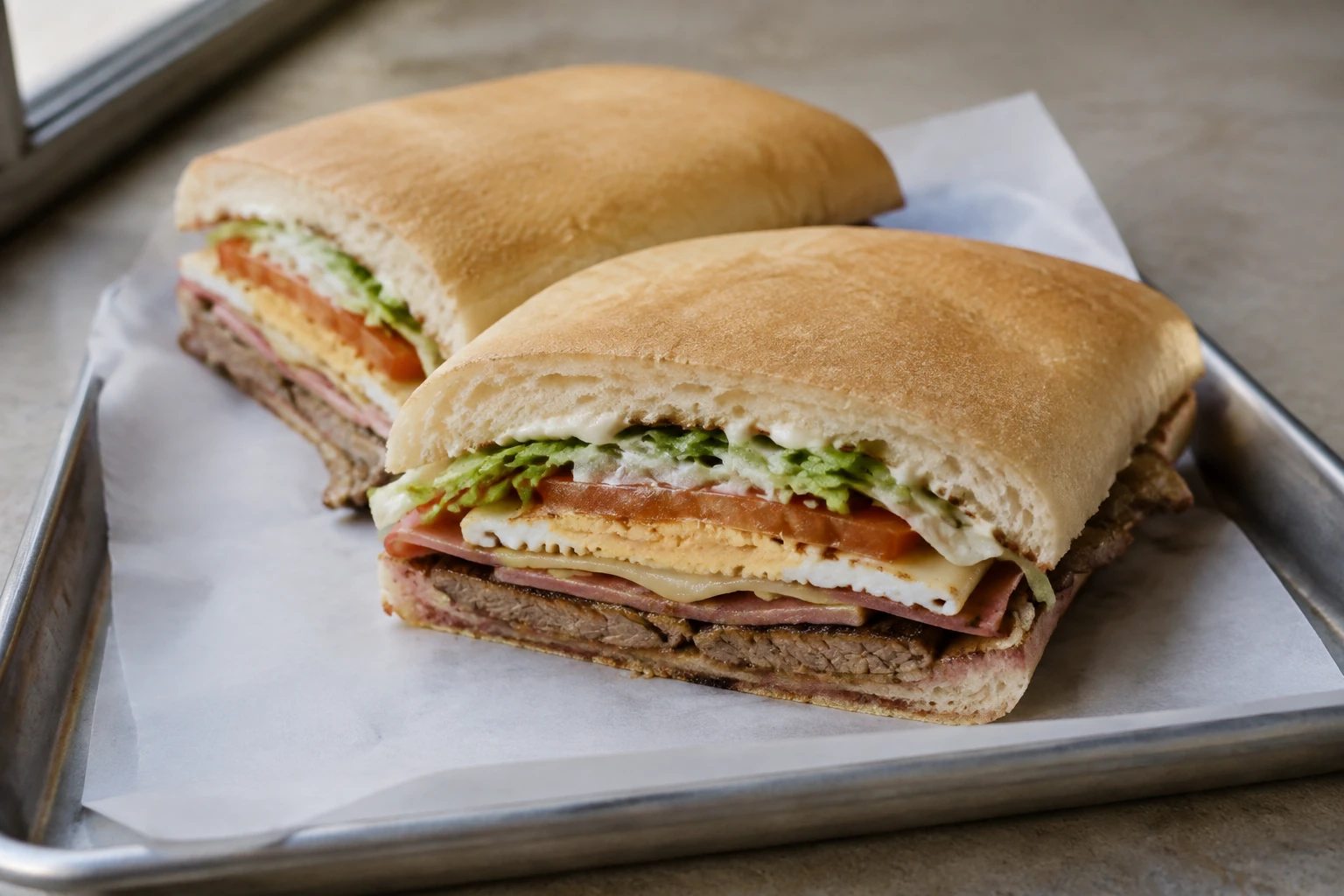 Two halves of a lomito with thin beef, ham, melted cheese, firm egg, tomato and lettuce in a soft rectangular roll