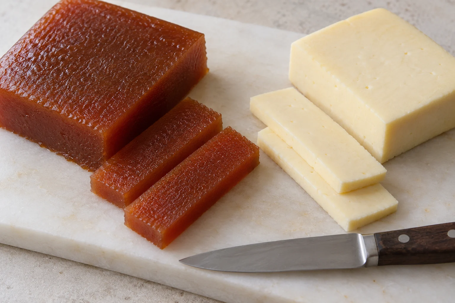 Firm quince paste and pale sliceable cheese blocks with cleanly cut slices on a board