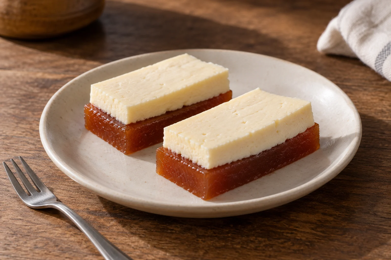 Two rectangular servings of pale cheese stacked over reddish amber quince paste