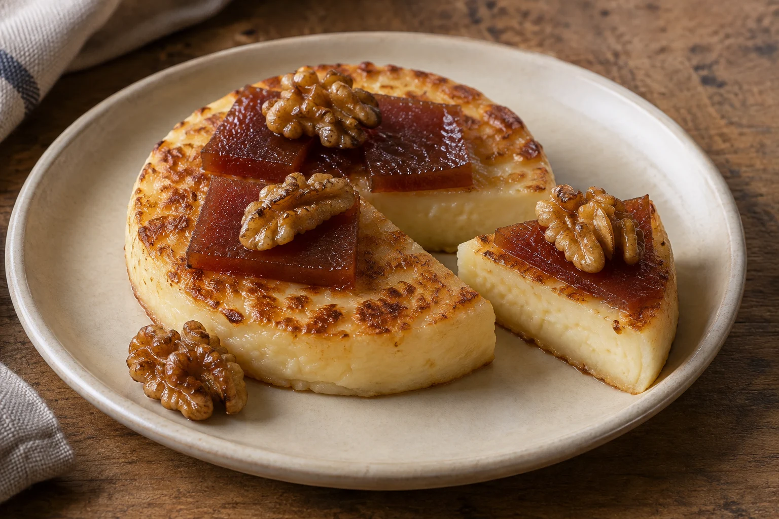 A seared round of cheese with quince slices and caramelized walnuts, one wedge cut aside