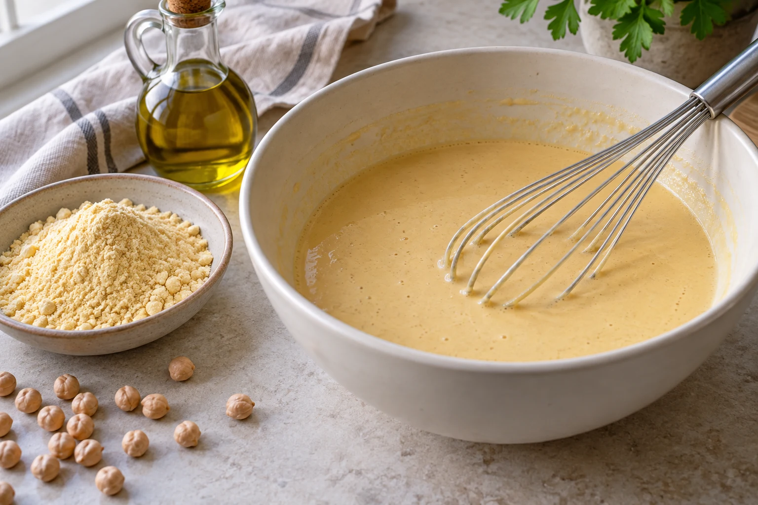 Smooth pale chickpea-flour batter in a bowl beside flour, dry chickpeas and olive oil