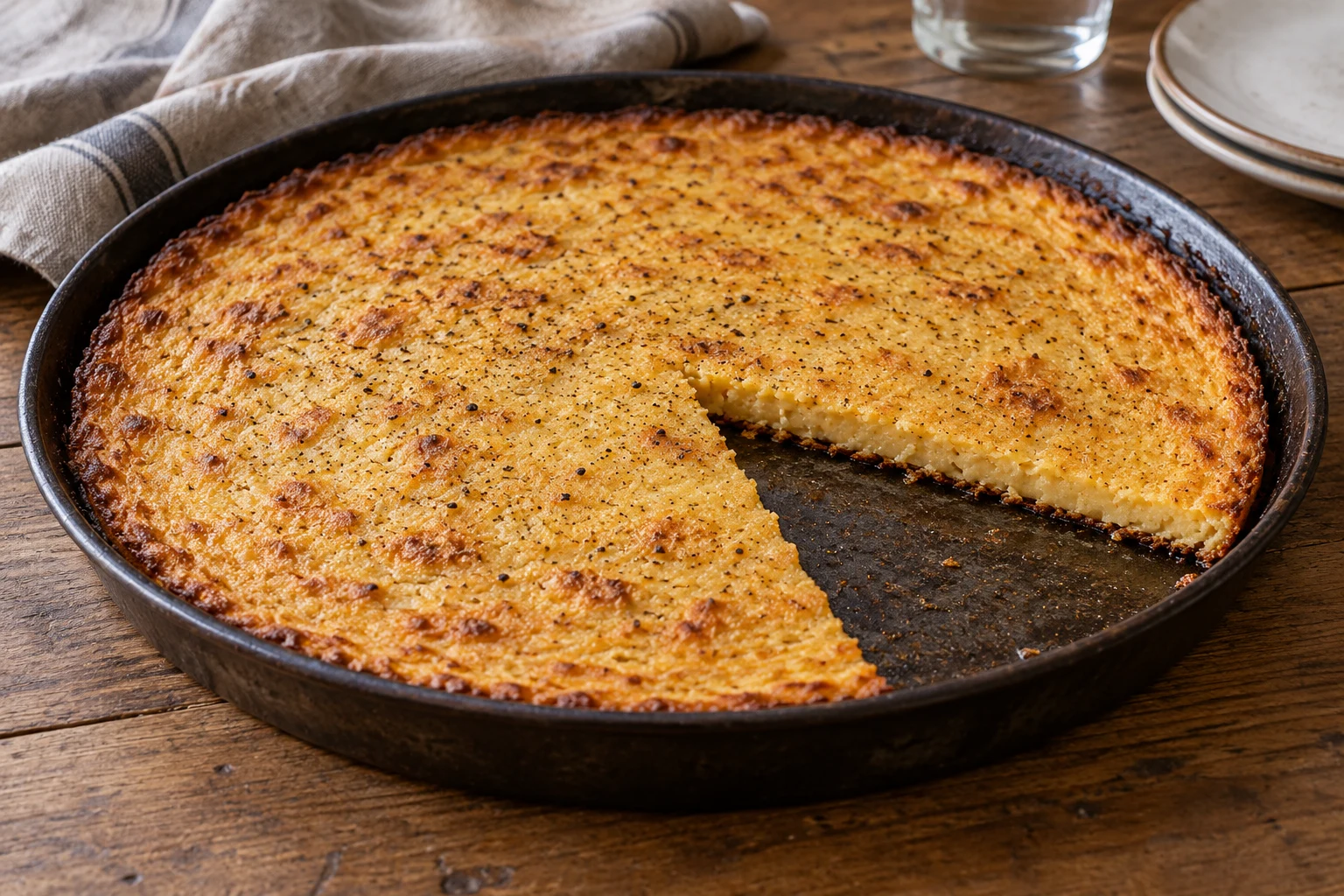 Thin golden fainá in a shallow round pan with a wedge removed showing its compact edge