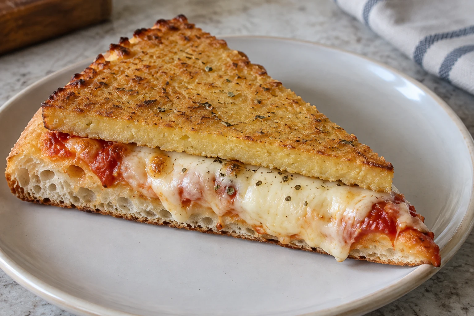 Thin triangular fainá slice placed over a thicker mozzarella pizza slice