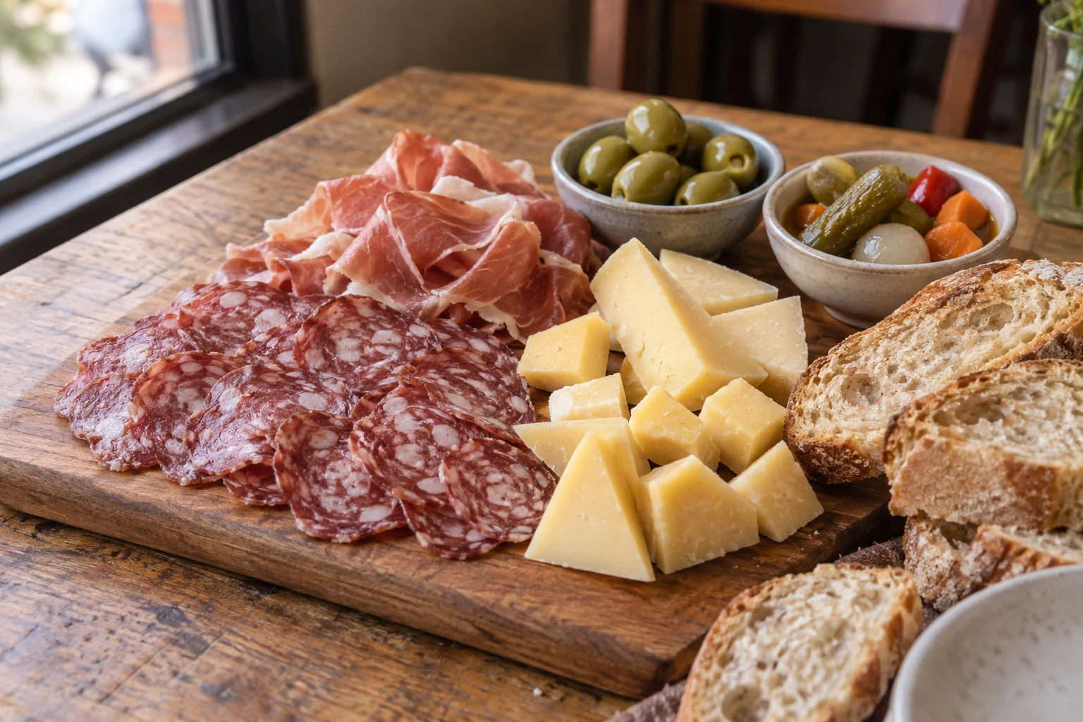 Cold Argentine picada with sliced salame, cured ham, cheese, rustic bread, olives and vegetable pickles.