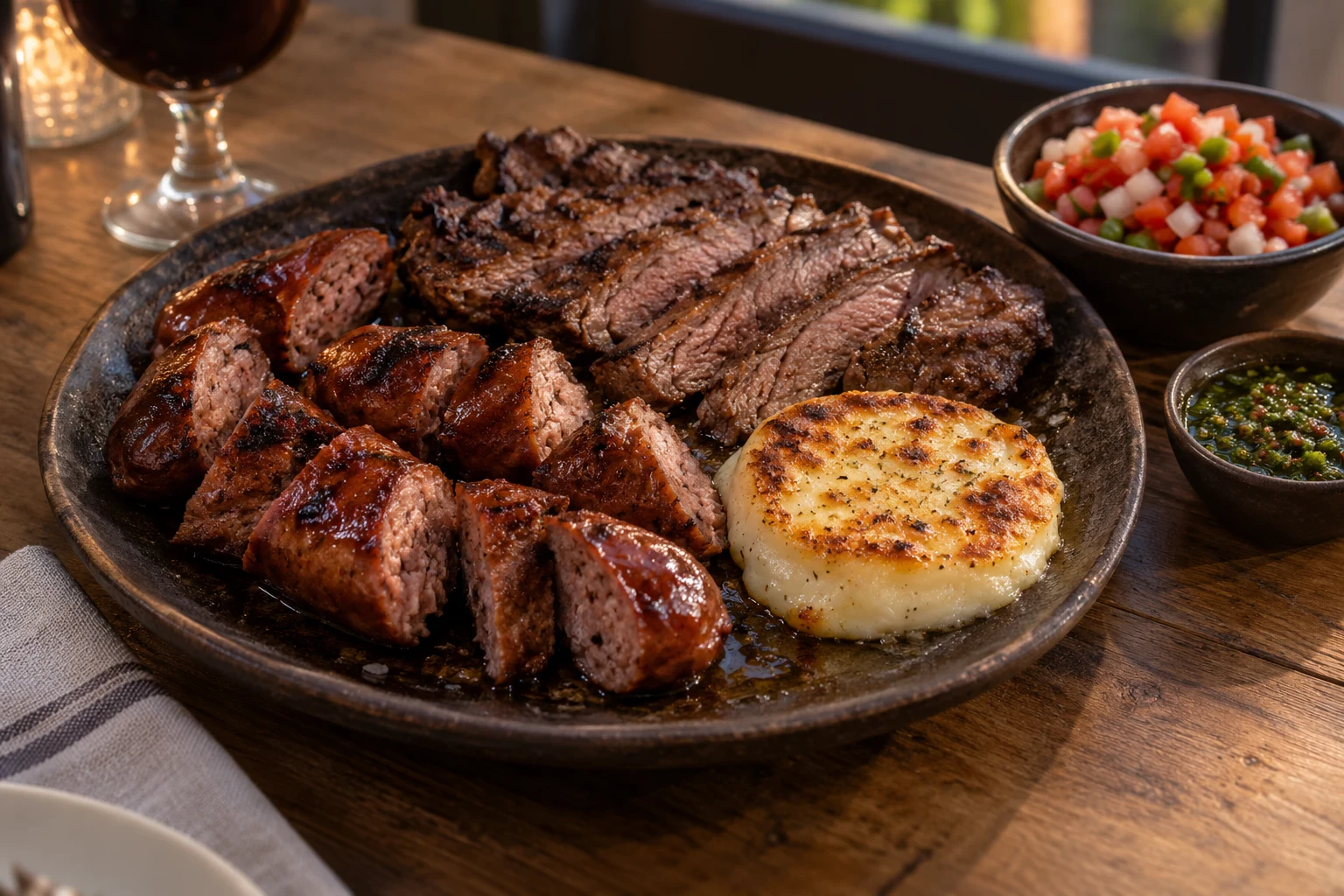 Hot sharing plate of cooked chorizo, sliced grilled beef and browned provoleta with salsa criolla and chimichurri.