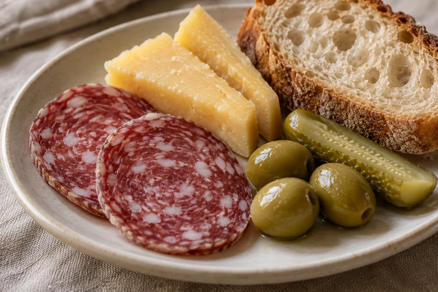Close view of dry salame slices, firm cheese, bread, pickled cucumber and green olives.