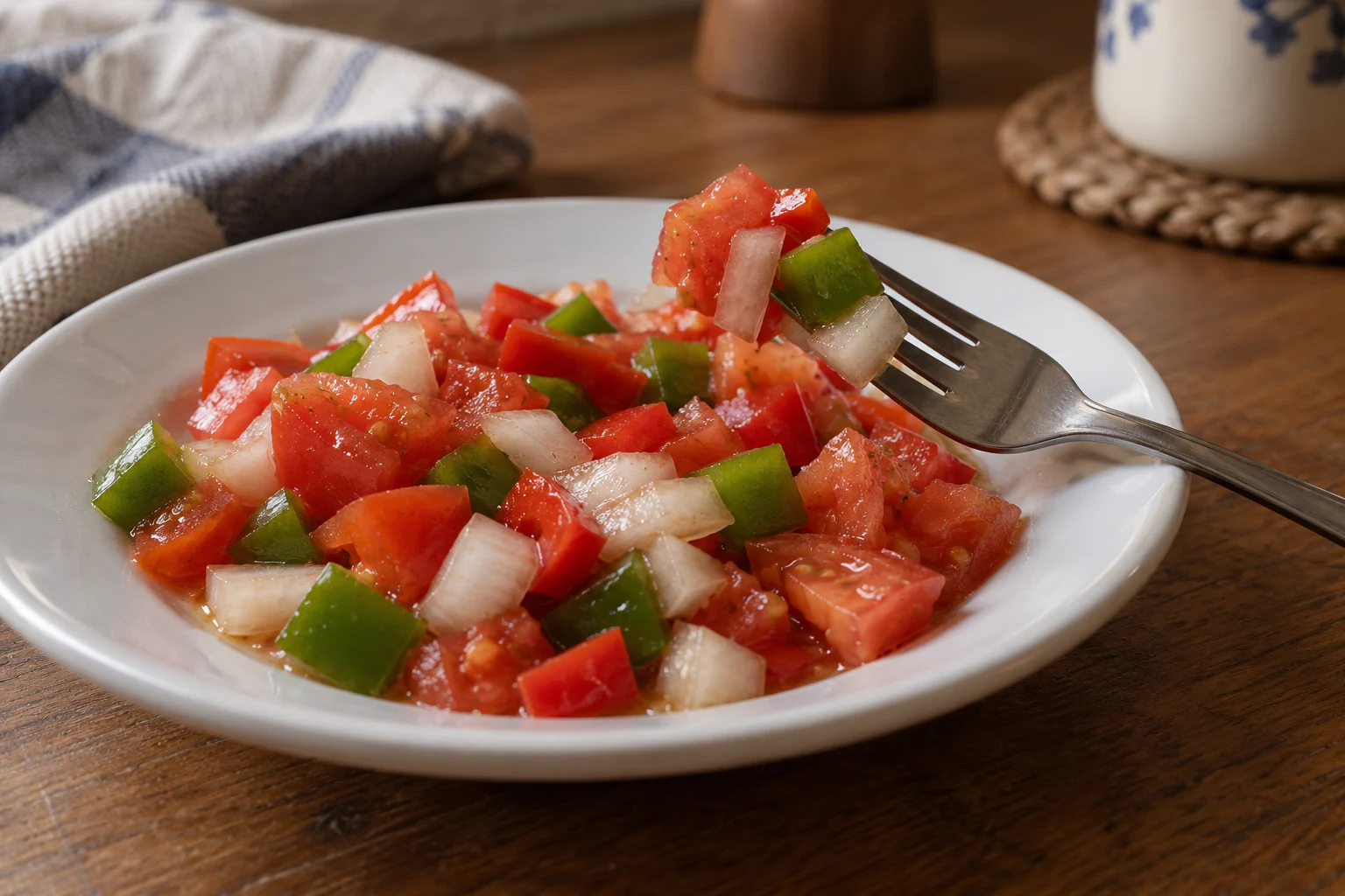 A fork resting on a plate with distinct pieces of tomato, onion and pepper