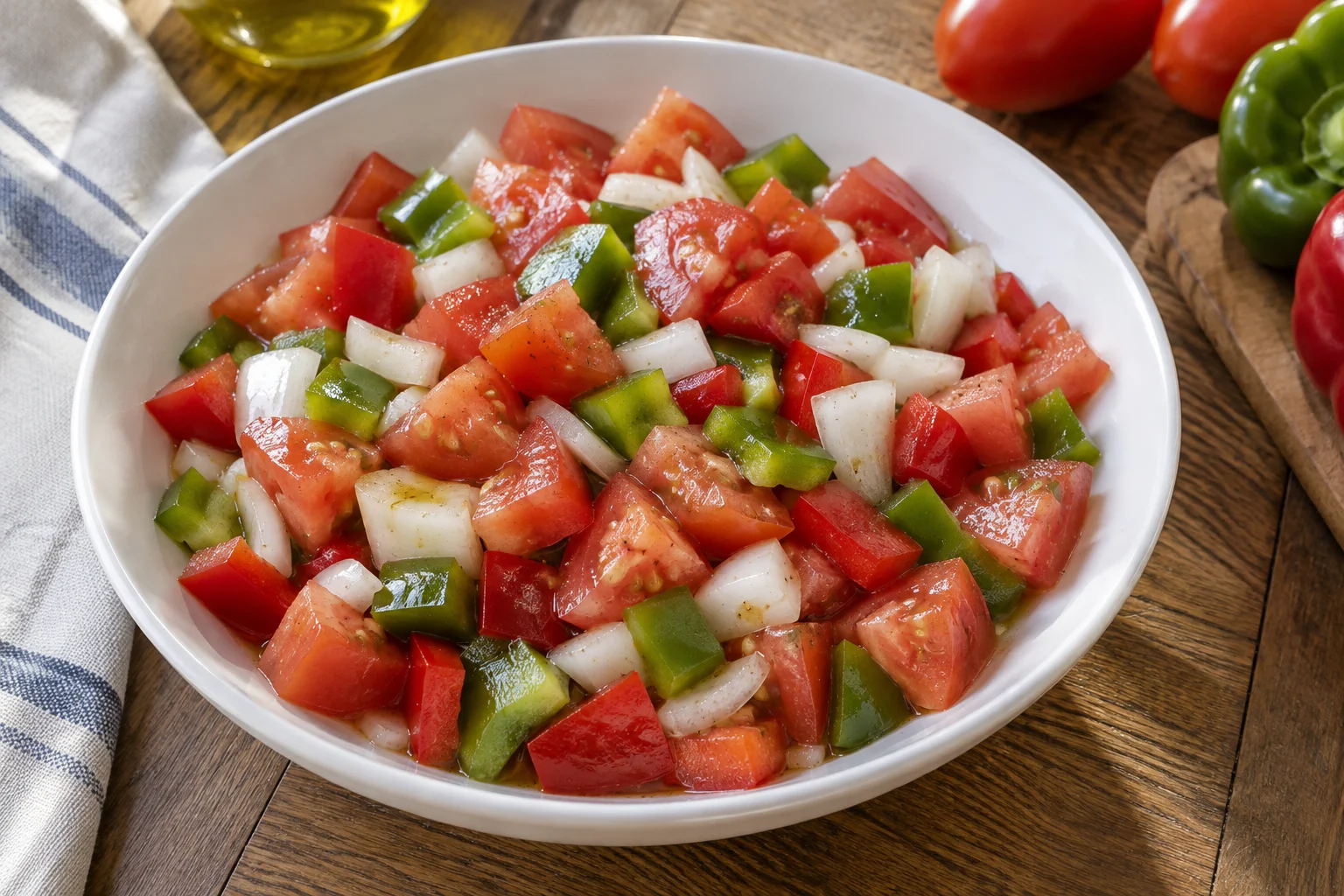 Medium pieces of red tomato, white onion and red and green bell pepper in a lightly dressed salad