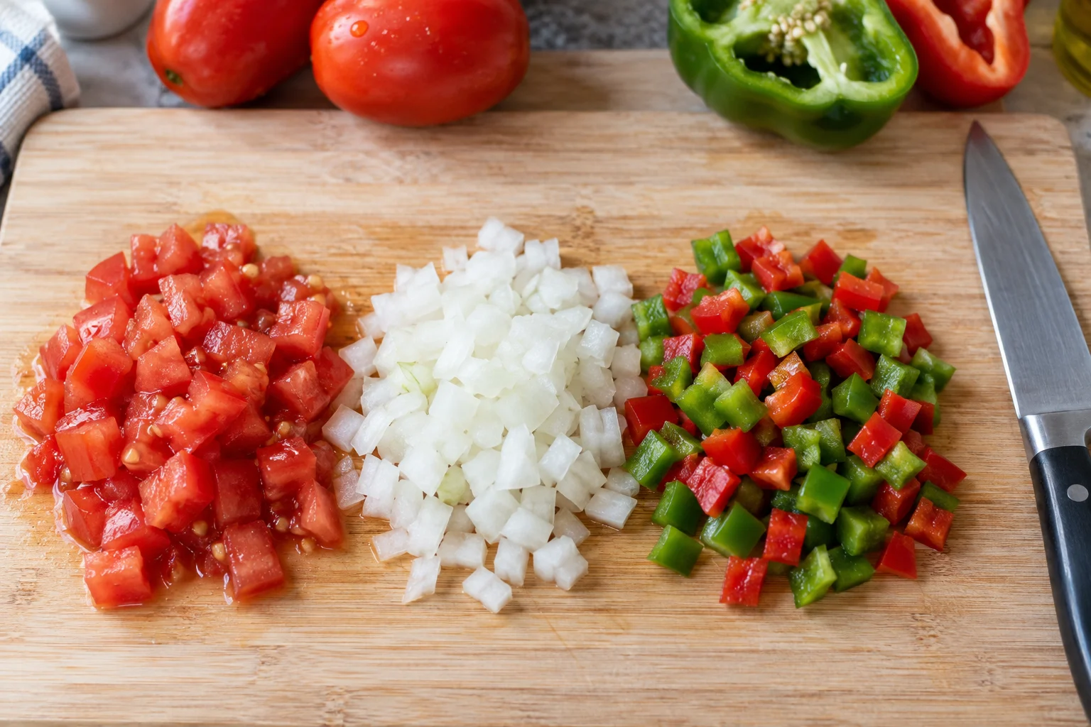 Separate groups of similarly sized chopped tomato, white onion and red and green bell pepper