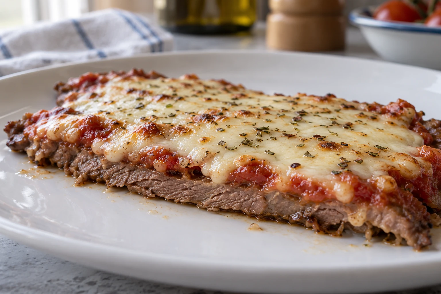Cut edge of cooked beef beneath tomato sauce and melted cheese