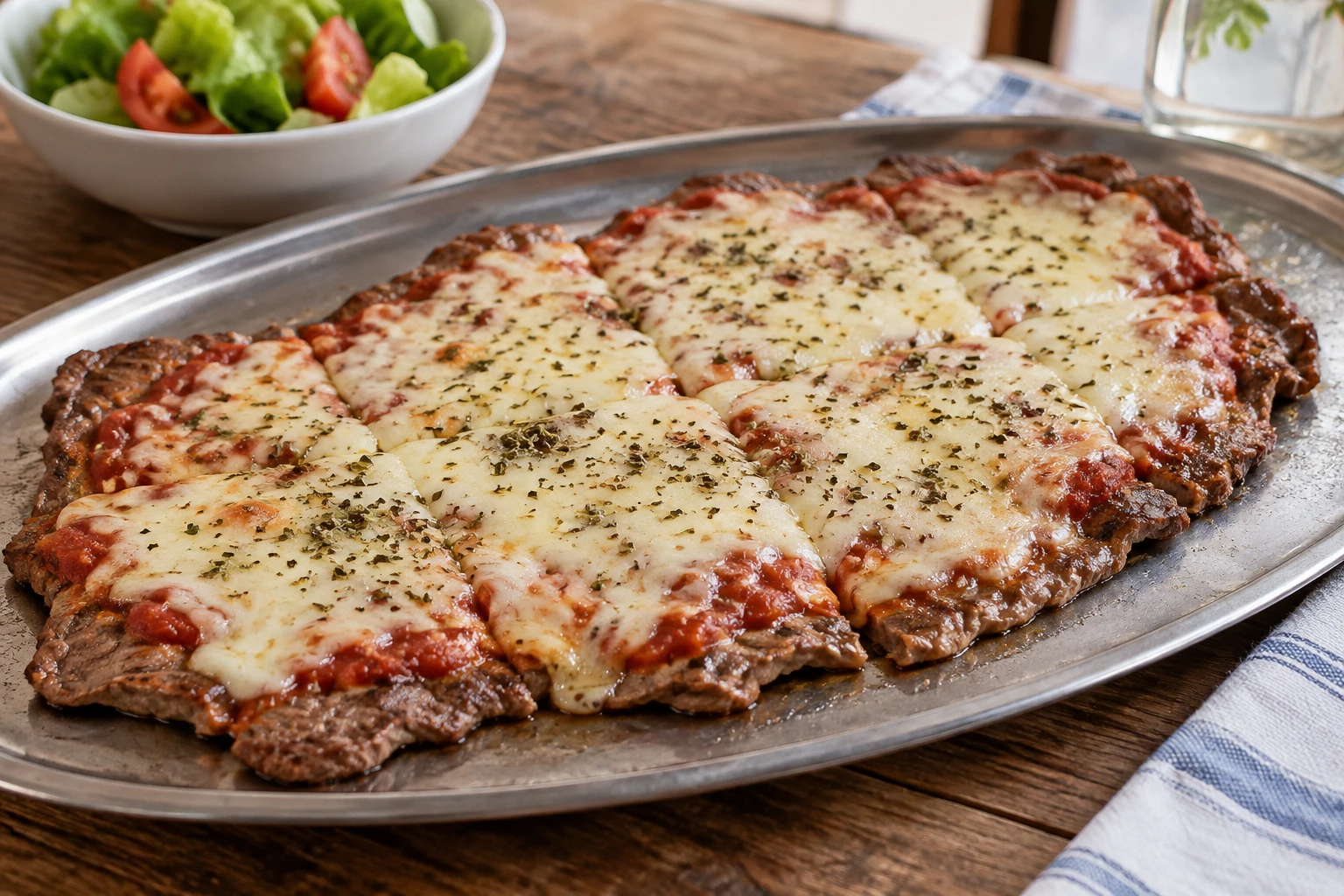 Broad thin cooked beef covered with tomato sauce, melted mozzarella and oregano on a metal tray