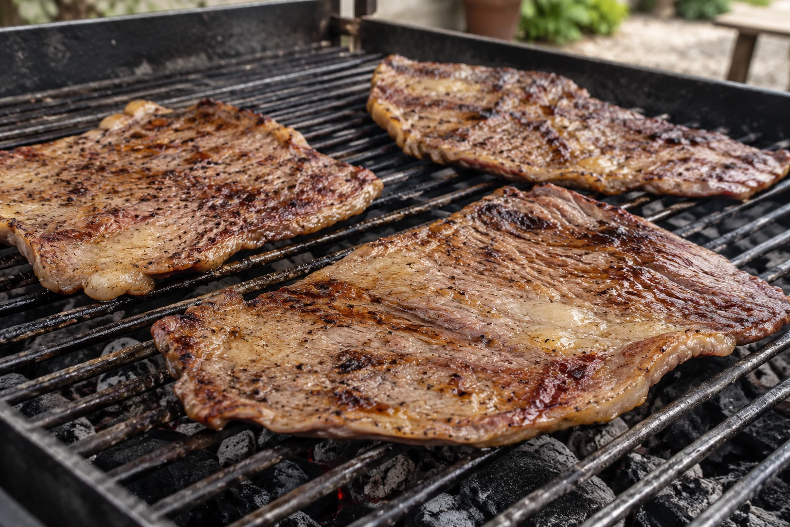 Three thin browned pieces of beef on a grill before tomato and cheese are added