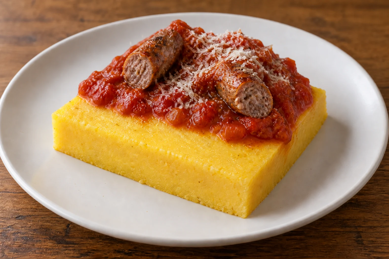 A thick square of yellow polenta with tomato sauce, two narrow sausage pieces and grated cheese