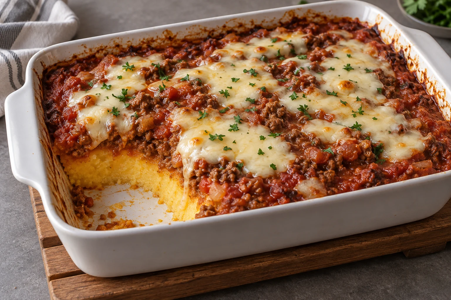Polenta beneath tomato and ground-meat sauce with melted soft cheese and chopped parsley in a baking dish