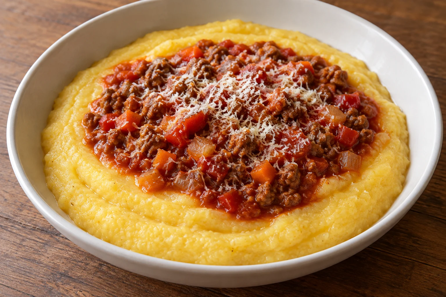 Soft yellow polenta in a bowl with ground-meat tomato sauce, vegetables and grated cheese