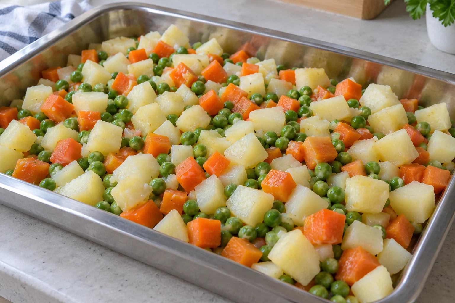 Cooked potato and carrot cubes with peas spread on a shallow tray before dressing