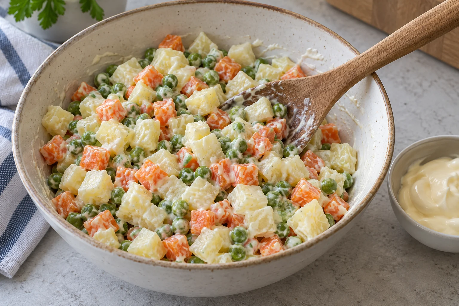 A wooden spoon gently folding mayonnaise through potato, carrot and peas