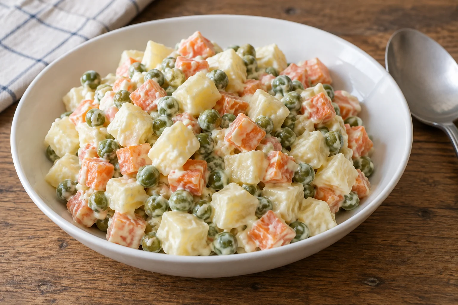 Distinct potato and carrot cubes with peas lightly coated in mayonnaise