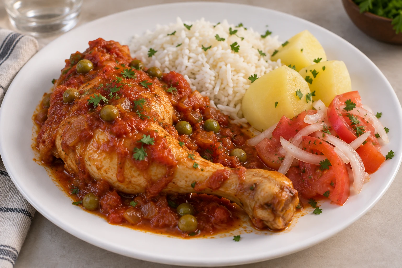 Chicken in red sauce served beside white rice, boiled potatoes and tomato onion salad