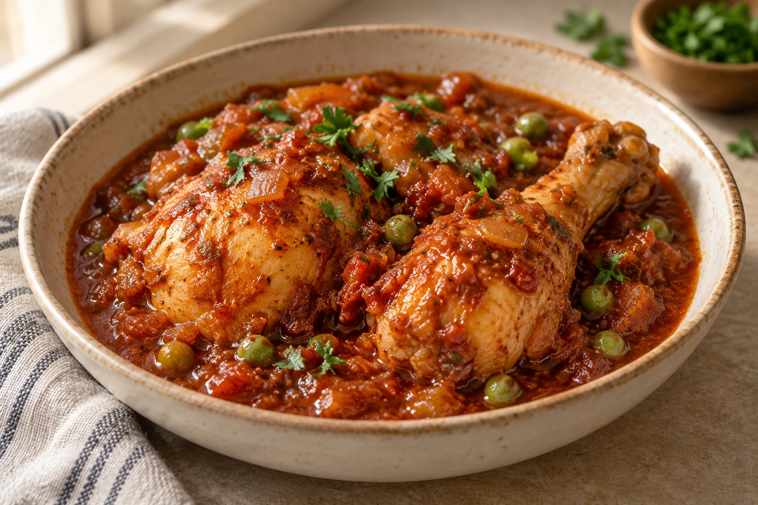 Cooked chicken pieces in a red ají sauce with green peas and parsley