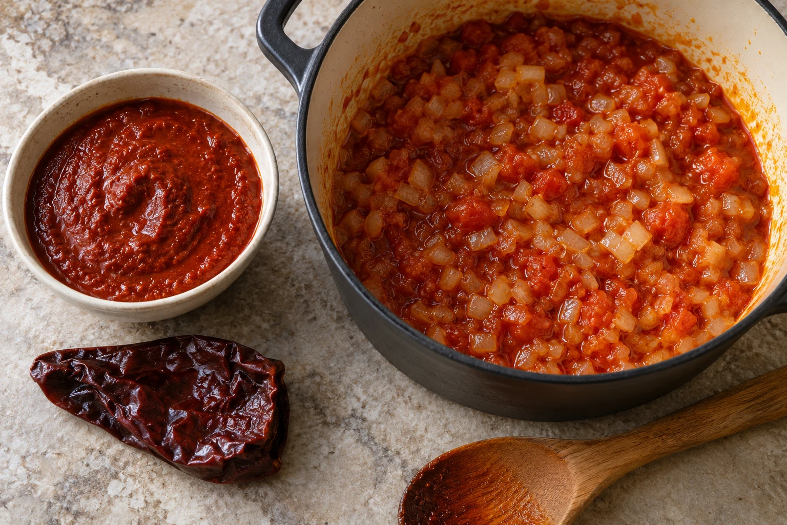 A bowl of red chili paste beside a pot of softened onion and tomato