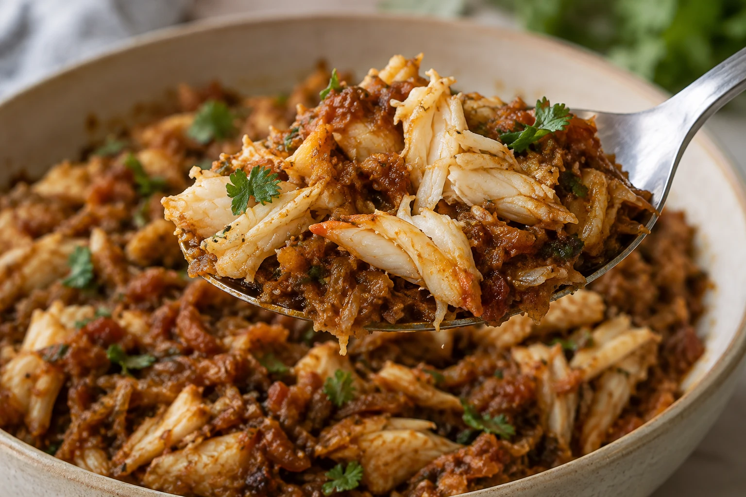 A spoonful of flaky cooked crab with clinging masala and coriander